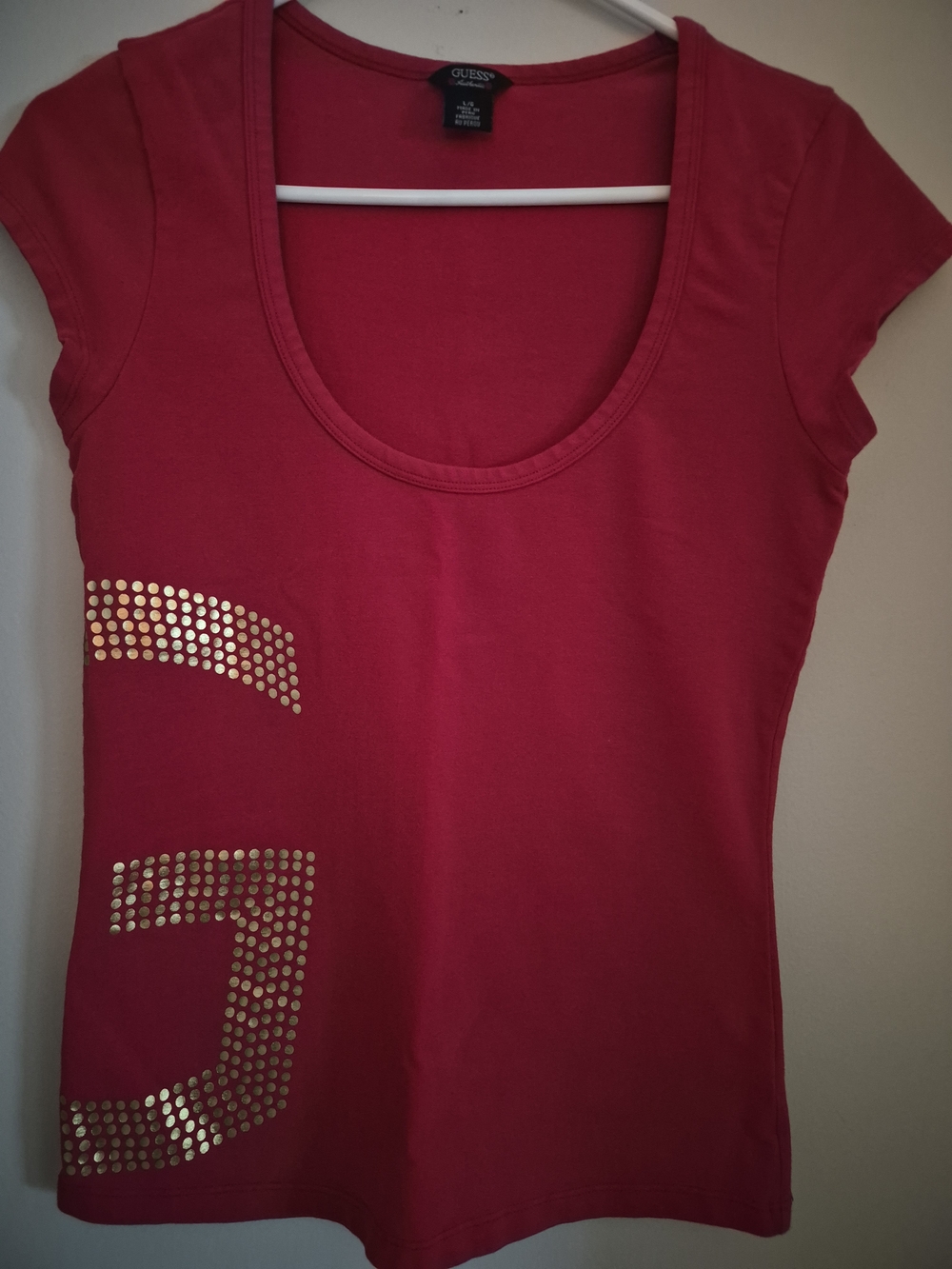 GUESS Scoop Neck Tee with Gold Stud Detail - Red